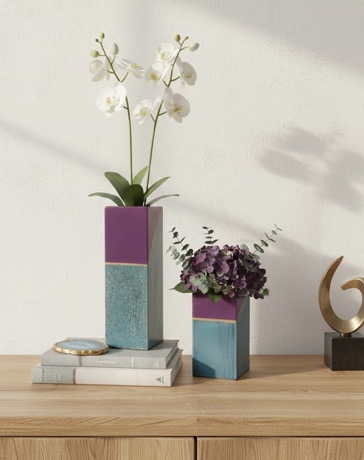 Stunning Teal & Plum Geometric Vase Set