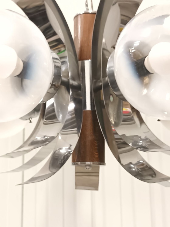 Space Age Chandelier, Murano Glass & Chrome, 70s, Mazzega, Metal, Silver (photo 10 of 15)