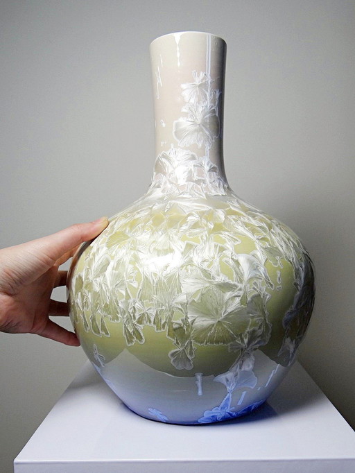 Grand Vase Globulaire Porcelaine Émaux Cristallins Jingdezhen Zhi Vintage