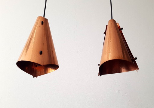 Ensemble de 2 lampes suspendues brutalistes en cuivre par E.S. Horn Aalestrup, lampes des années 1960