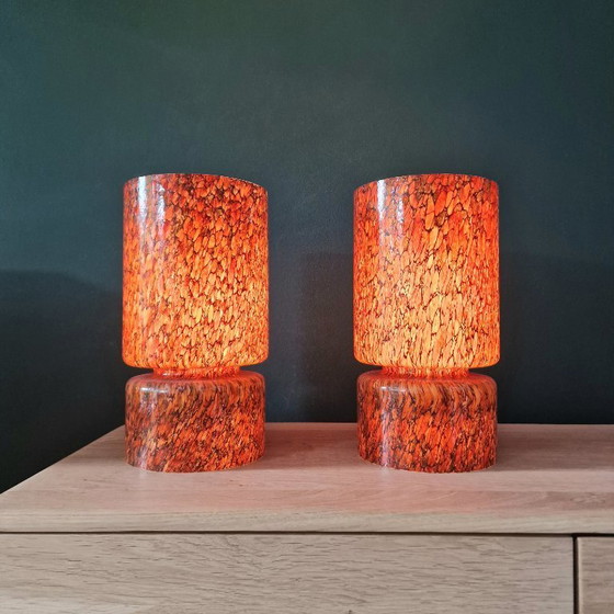 Image 1 of Set van 2 Vintage Peill & Putzler Tafellampen – Space Age Glas – Oranje Gemarmerd – 36 cm Hoog – Duitsland 1970s – Space Age