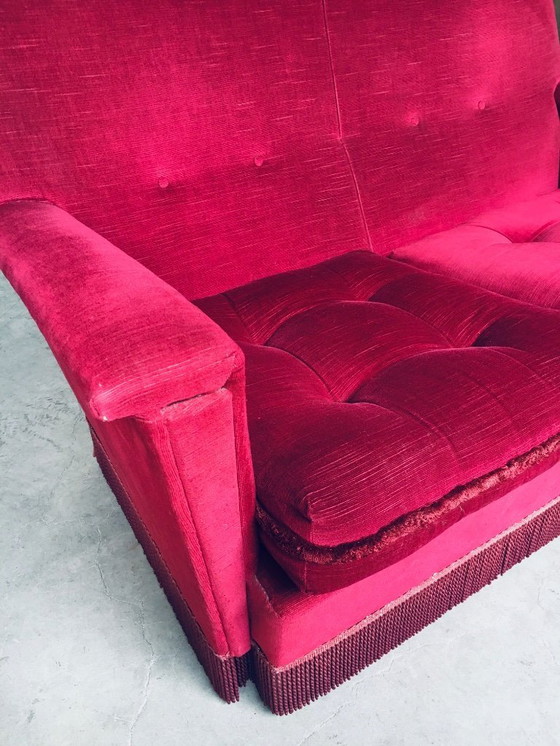 Image 1 of Hollywood Regency Style Fuchsia Velvet 2 Seat Sofa with fringe 1960's