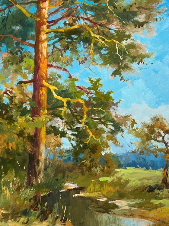 Image 1 of Original Oil Painting Day Forest Landscape Whisper of forest and water