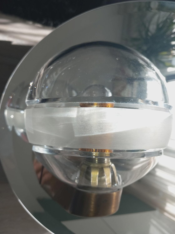 Image 1 of Mid Century Crystal-Cut Bathroom Mirror with 2 spherical glass lights on Solid Brass Fixture T+L Royal Germany