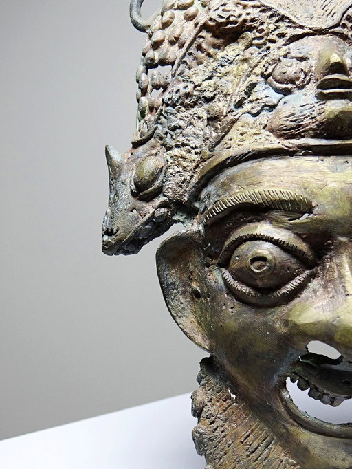 Vintage African bronze mask, Bamoun, Cameroon