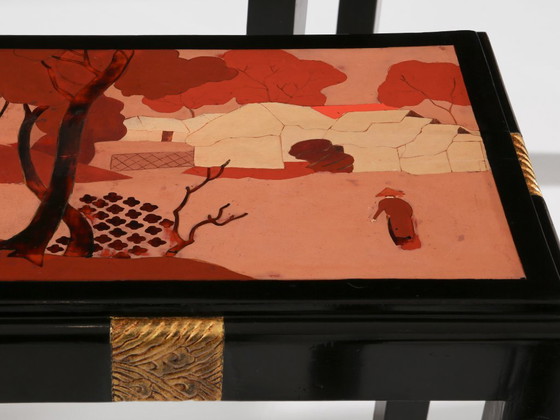 Image 1 of Dreiteiliges Beistelltisch-Set im asiatischen Stil, ebonisiertes und vergoldetes Holz, 1920er Jahre