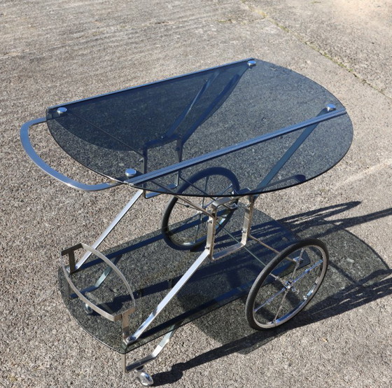 Image 1 of French Mid-Century Smoked Glass and Chrome Bar Trolley-Drop Leaf Bar Cart-Vintage Two Tier Dessert-Bar Trolley-60s