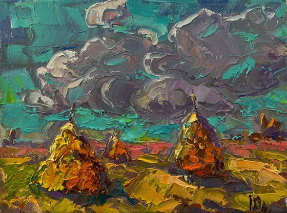 Original Oil Painting Summer Field Landscape Cloudy Horizon – Paintings & Drawings, Canvas (photo 3 of 8)