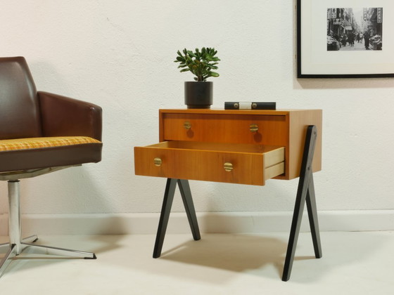 Image 1 of Meuble d'entrée vintage des années 1960, commode moderne du milieu du siècle, placage en érable, buffet à 2 tiroirs