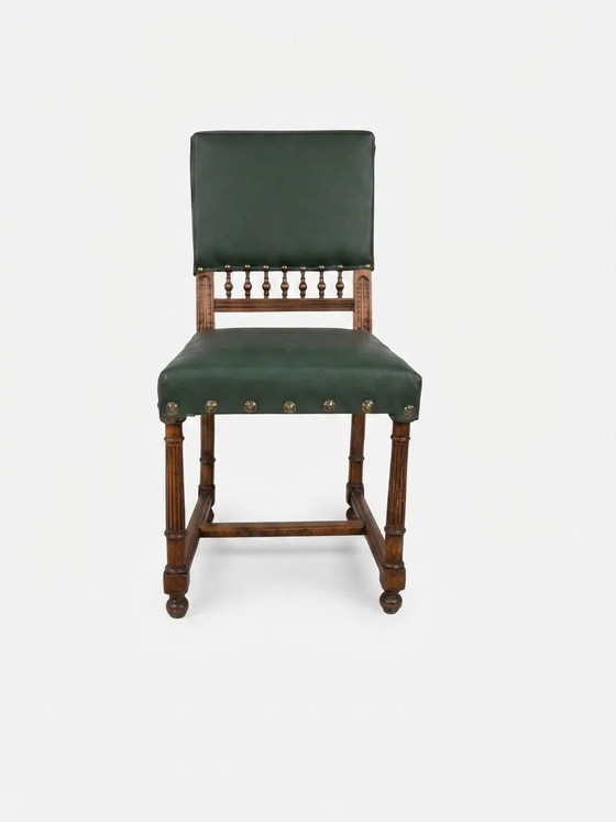 Set of 6 Fully Restored Vintage Dining Chairs in Deep Green with Brass Studs and Spindle Backrest, Wood (photo 6 of 6)