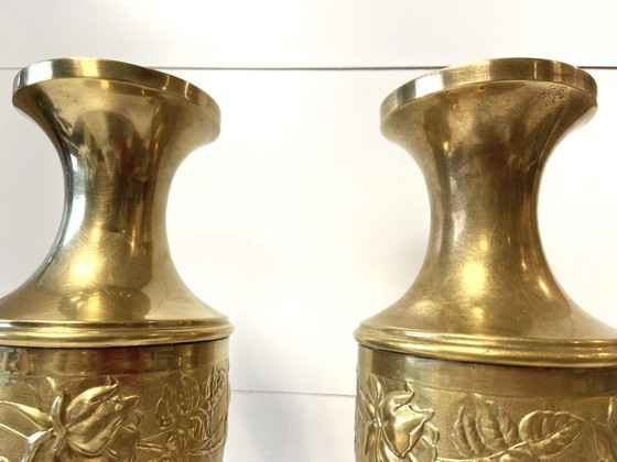 Image 1 of Antique Pair of Art Nouveau Yellow Copper Baluster Soliflore Vases