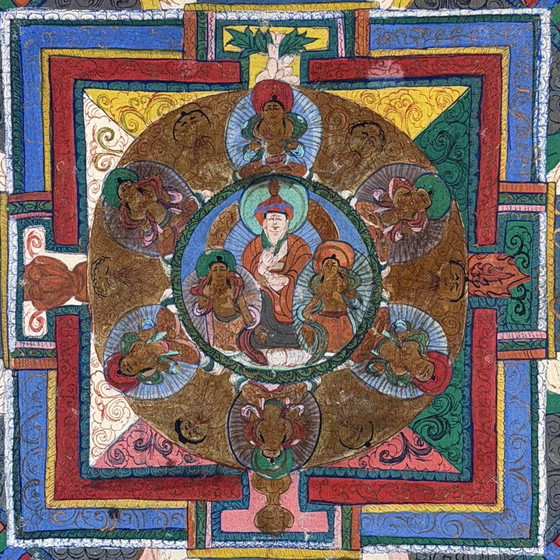 Thangka Mandala Tibétain – Art de Temple Bouddhiste – 57.5 cm – Peintures et dessins, Textile, Glass (photo 3 of 6)