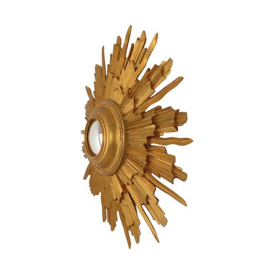 Image 1 of Vintage Houten Zonnespiegel Sunburst Convex Goud 46cm
