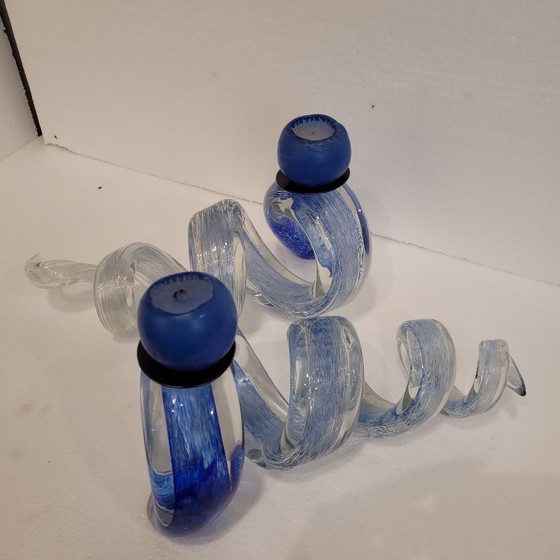 Image 1 of Pair of blue spiral candlesticks, glass, 80's - France