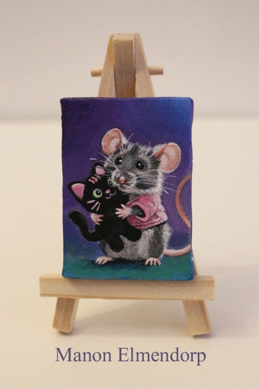 Unique Hand-Painted Little Mouse Painting with Cat Plush Toy