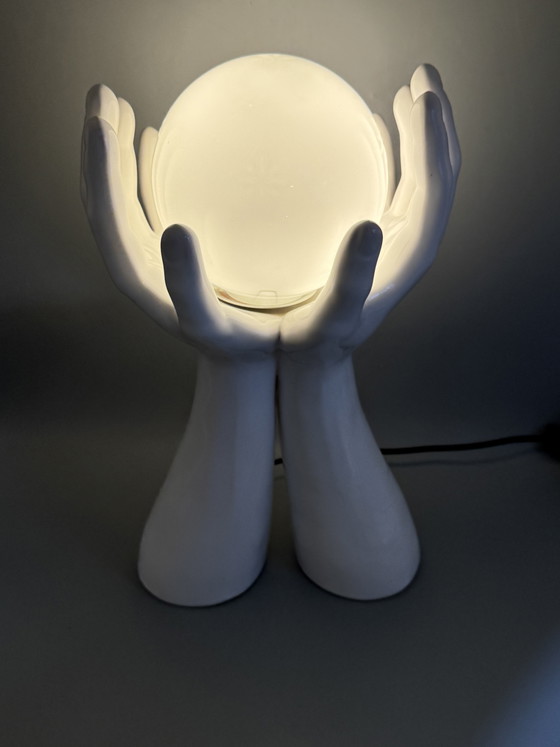 Image 1 of 80s Design Table Lamp With Hands And Glass Sphere