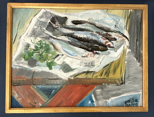 Expressionist mid-century oil painting 'Four Herrings', oil on canvas by Hans-Erik Eriksson (1921-1998)