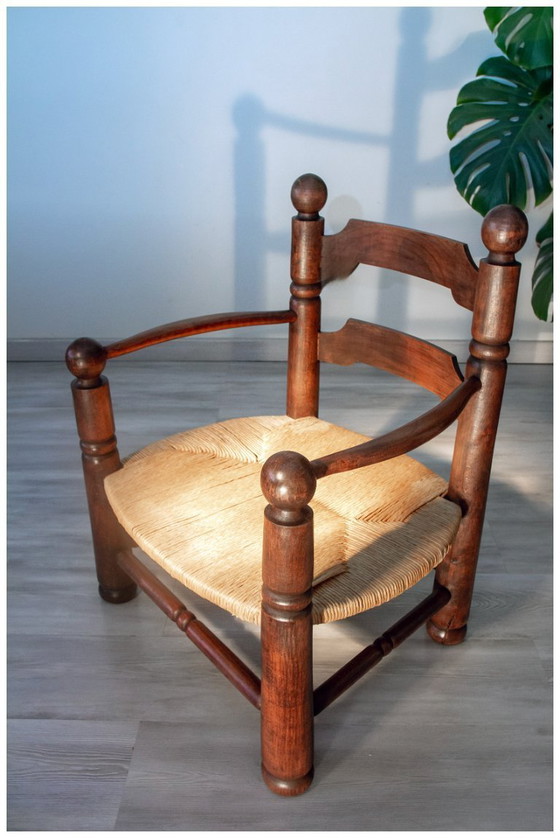 Image 1 of Eikenhouten en biezen fauteuil, brutalistische stijl, Charles Dudouyt, jaren 40