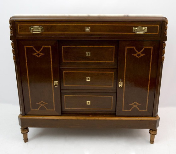 Image 1 of Comò Liberty in radica di tuia italiana e marmo rosa del Portogallo, anni '20