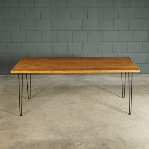 Table de salle à manger vintage - Chêne massif - Pieds en épingle à cheveux