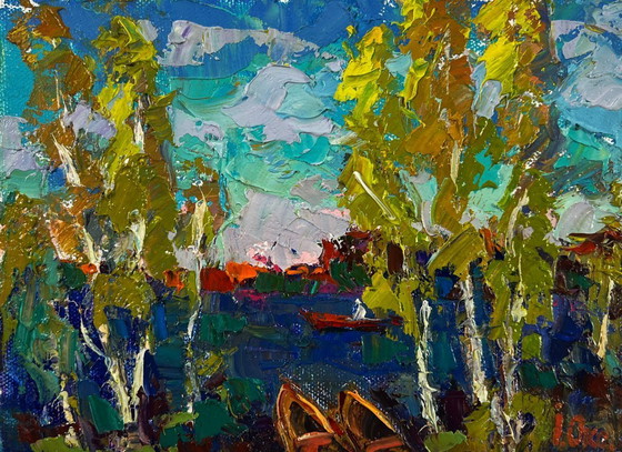 Image 1 of Original Oil Painting Summer River Landscape The first leaves reflected in the water