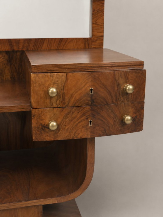 Original restored Art Deco dressing table, burl wood, mirror and original hardware (photo 5 of 5)