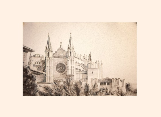 Image 1 of Charcoal drawing of the Cathedral of Mallorca. Mallorca drawing. Painting of Mallorca. Mallorca cityscape. Mallorca. New.