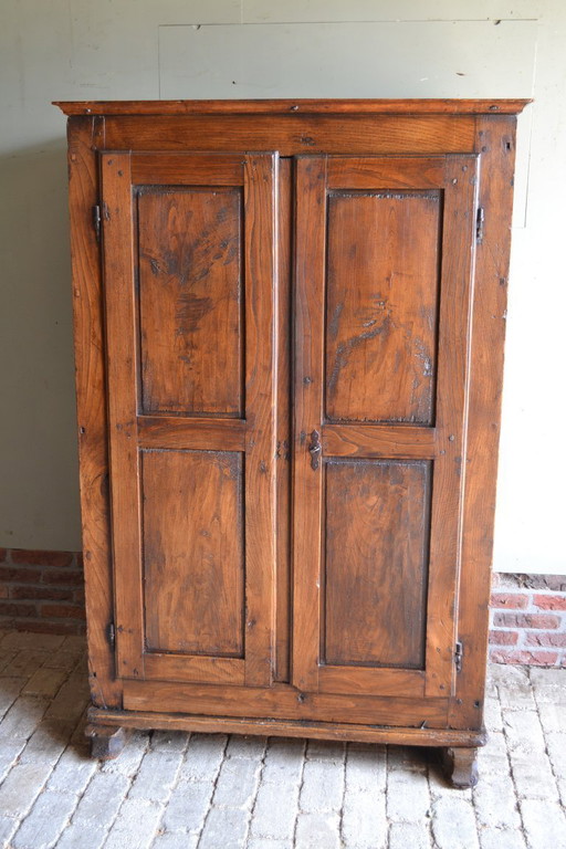 Antique 17th century oak wooden bread cabinet, spindle.