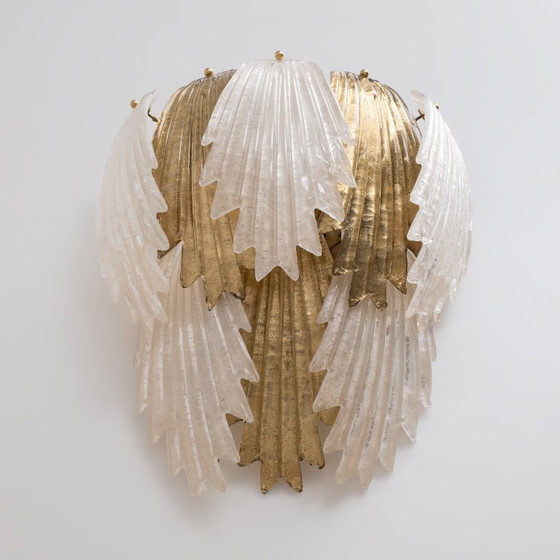 Image 1 of Italian Art Deco Style Murano Glass and Brass Leaf Wall Sconces, Pair