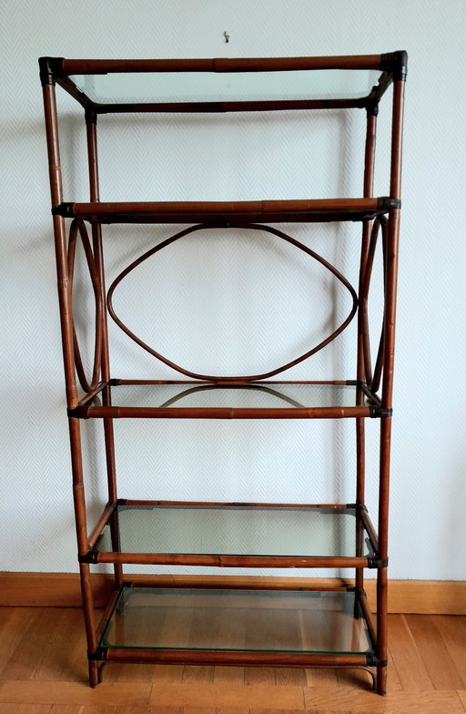 Large Rattan And Smoked Glass Shelf 1960