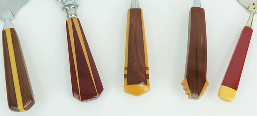 Set van 5 art déco taartlifters met bakelieten handvatten, jaren 1930-1940.