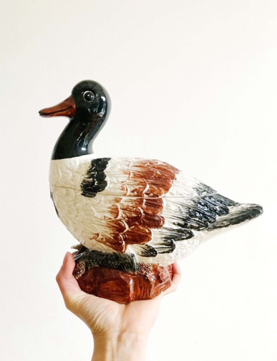 Image 1 of Aardewerk vintage schaal met deksel in eend vorm. Italiaanse retro vogel pot