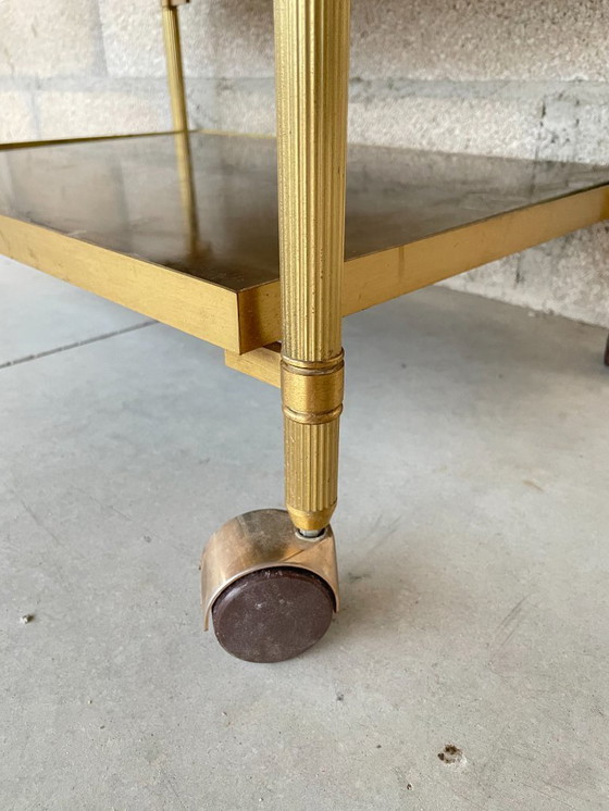 Image 1 of Vintage serving cart in gilded brass and glass on casters, 1960s-1970s