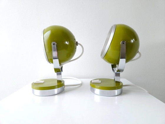 Image 1 of Set of 2 olive green vintage space age eyeball table lamps, metal green and chrome mid-century modern lamp
