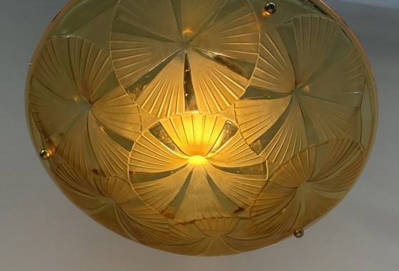 Image 1 of Hubens & Degué ceiling lamp chandelier Art Deco amber colored glass