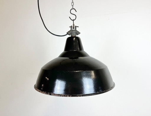 Industrial Black Enamel Factory Lamp with Cast Iron Top, 1950s