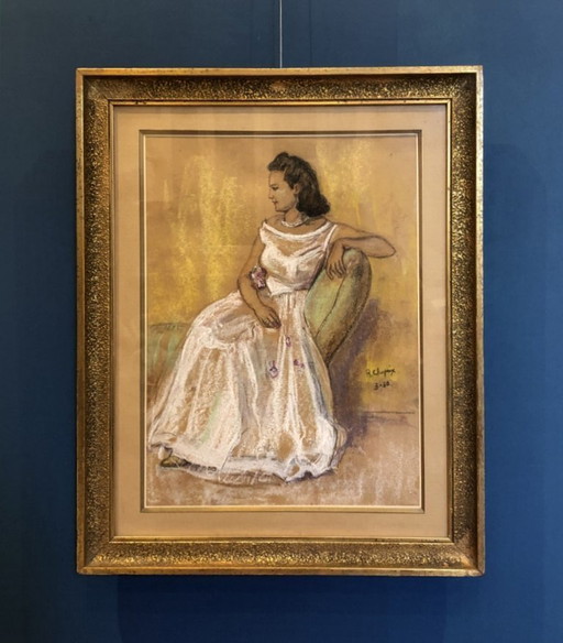 Pastel original signé – Louis-Marie-René Choprix (1888-1972) Femme au sofa, 1950 – Art belge XXᵉ siècle