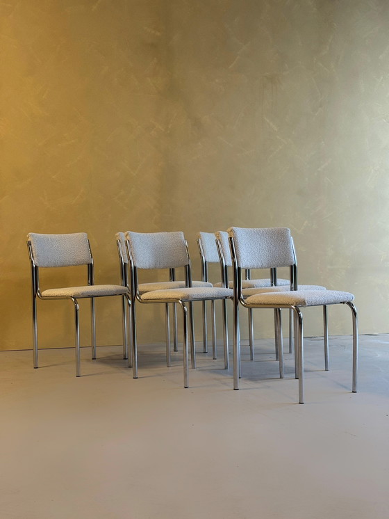 Image 1 of Juego de 6 sillas de comedor cromadas y bouclé