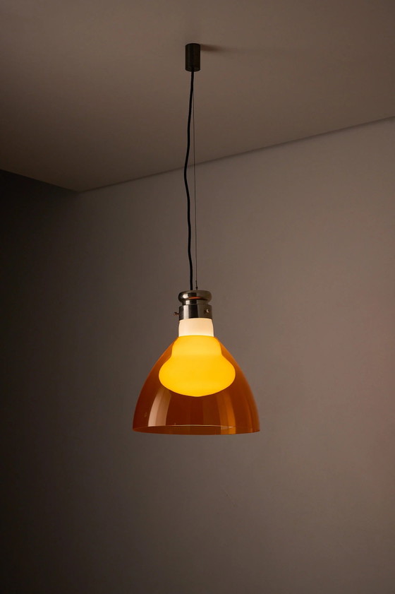 Space Age Blown Glass Pendant Lamp by Vistosi, Italy, 1970s, Ceiling lights, Aluminium, Orange (photo 5 of 10)