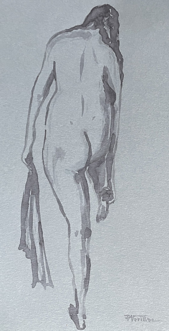 Image 1 of Ritratto femminile acquerello monocromatico su carta denim