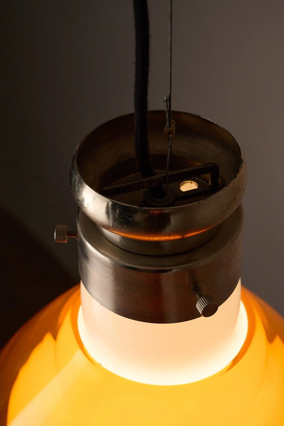 Space Age Blown Glass Pendant Lamp by Vistosi, Italy, 1970s, Ceiling lights, Aluminium, Orange (photo 3 of 10)