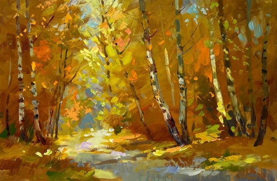 Image 1 of Origineel olieverfschilderij: Herfstboslandschap, herfstberkenbos
