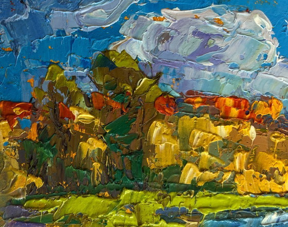 Image 1 of Original Oil Painting Autumn River Landscape Early autumn fishing
