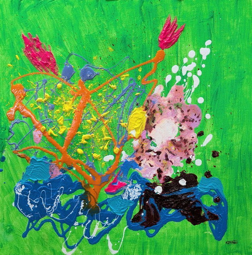 St Ives Abstract Sea and Garden Painting 3 Oil and Acrylic on Canvas Unframed 40x40cm Drip Oil Painting and Acrylic Pallet Knife