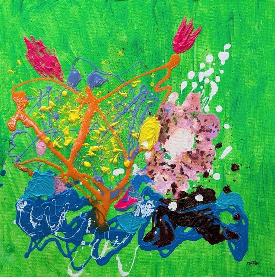 Image 1 of St Ives Abstract Sea and Garden Painting 3 Oil and Acrylic on Canvas Unframed 40x40cm Drip Oil Painting and Acrylic Pallet Knife