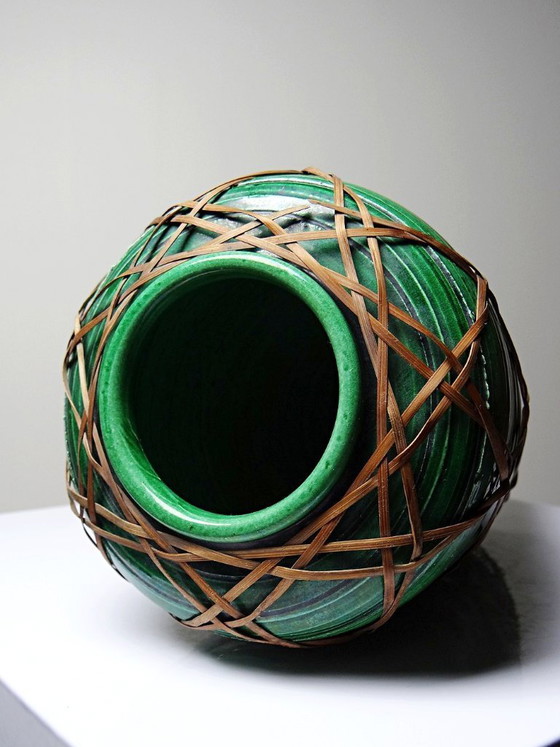 Image 1 of Antique Japanese green ceramic vase with Awaji Yaki bamboo lacing, 1900-1930