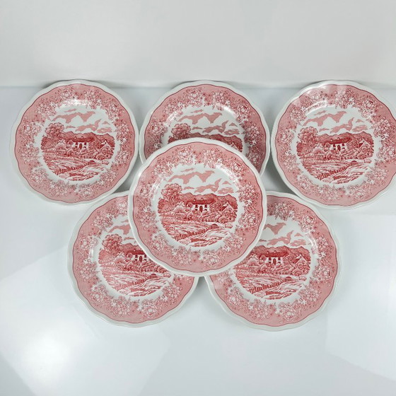 Image 1 of Set van 6 Italiaanse dessertbordjes met een Engels design en een rood patroon.