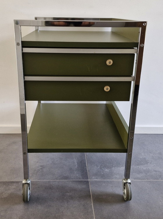 Chariot Vintage (Hôpital), Vert Olive, 2 Tiroirs – Ultrason, Dessertes, Chrome, Metal (photo 9 of 13)
