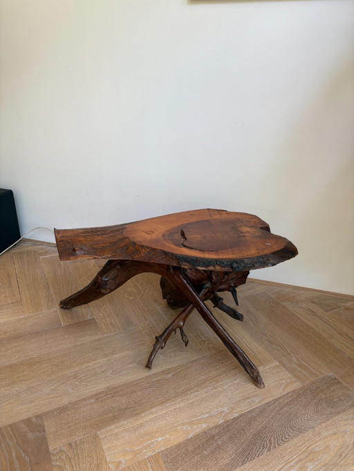 Brutalist tree trunk coffee table root wood vintage