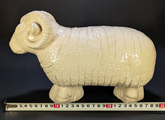 Large Cream Glazed Ceramic Ram – 30 cm – Sculpture (photo 9 of 10)
